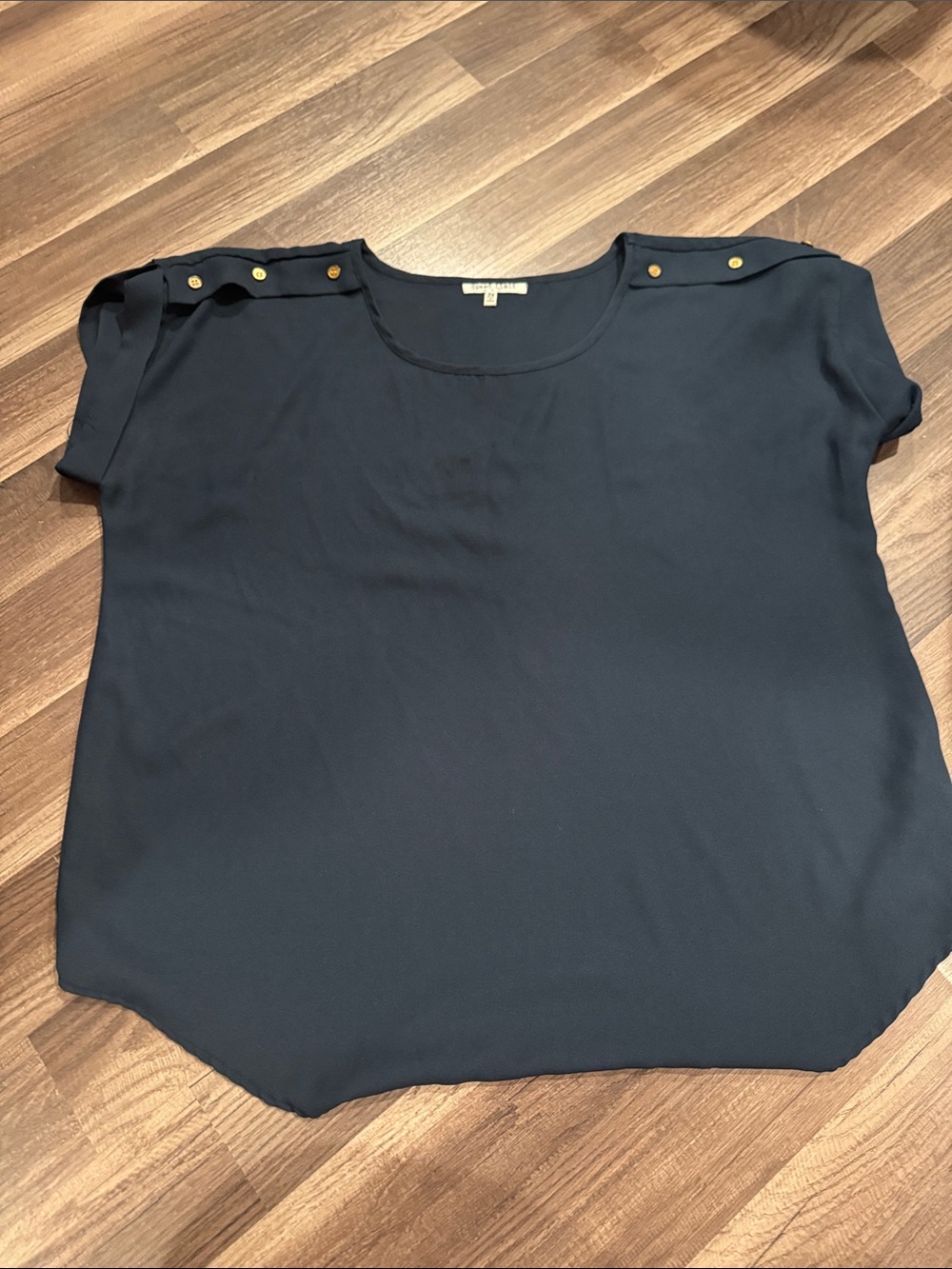 Navy Short Sleeve Button-Accent Blouse